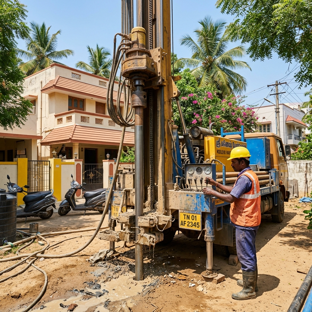 Heavy-duty truck-mounted borewell drilling rig operating in Chennai